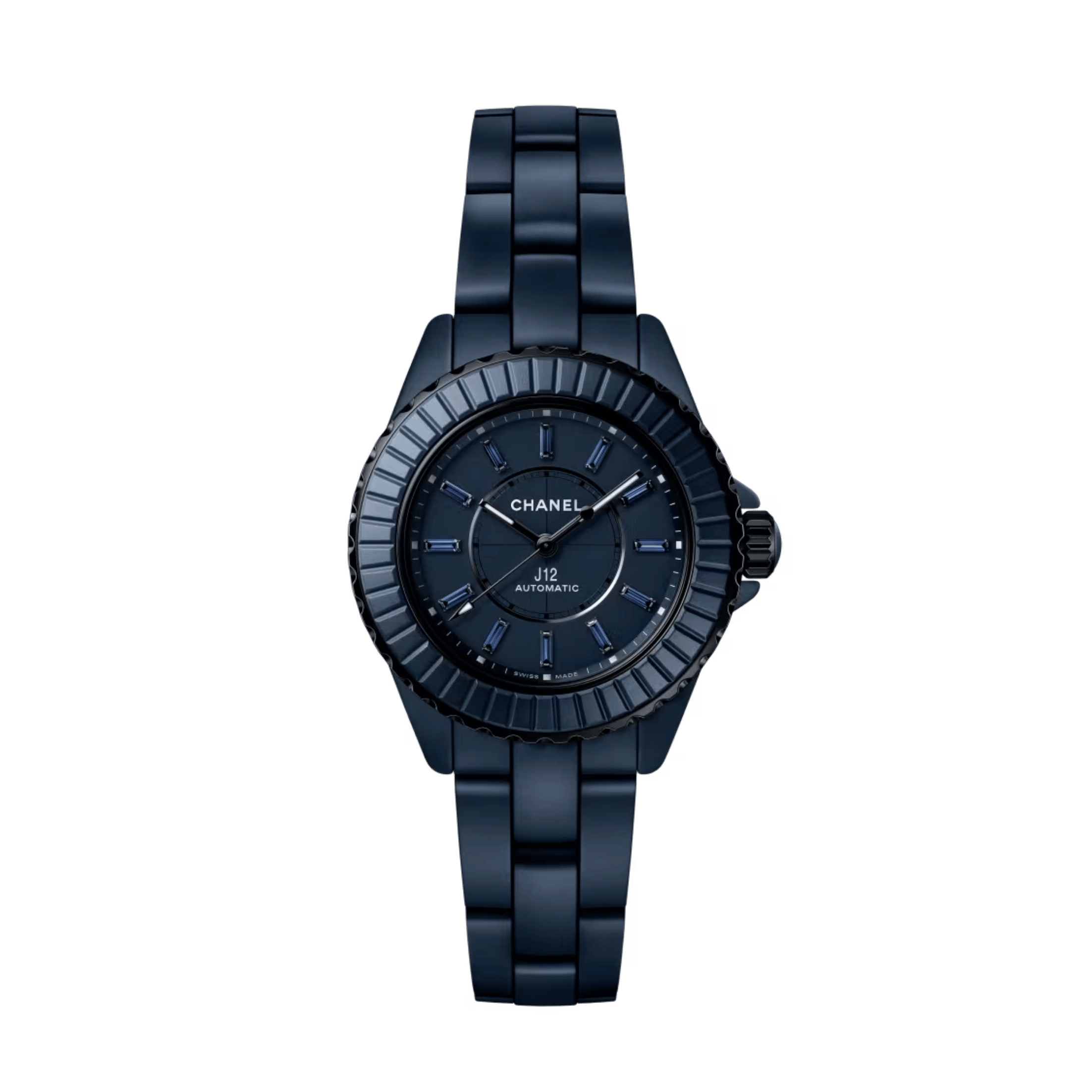 Montre CHANEL J12 BLEU automatique cadran bleu, index saphirs bleus et bracelet céramique bleu 33 mm