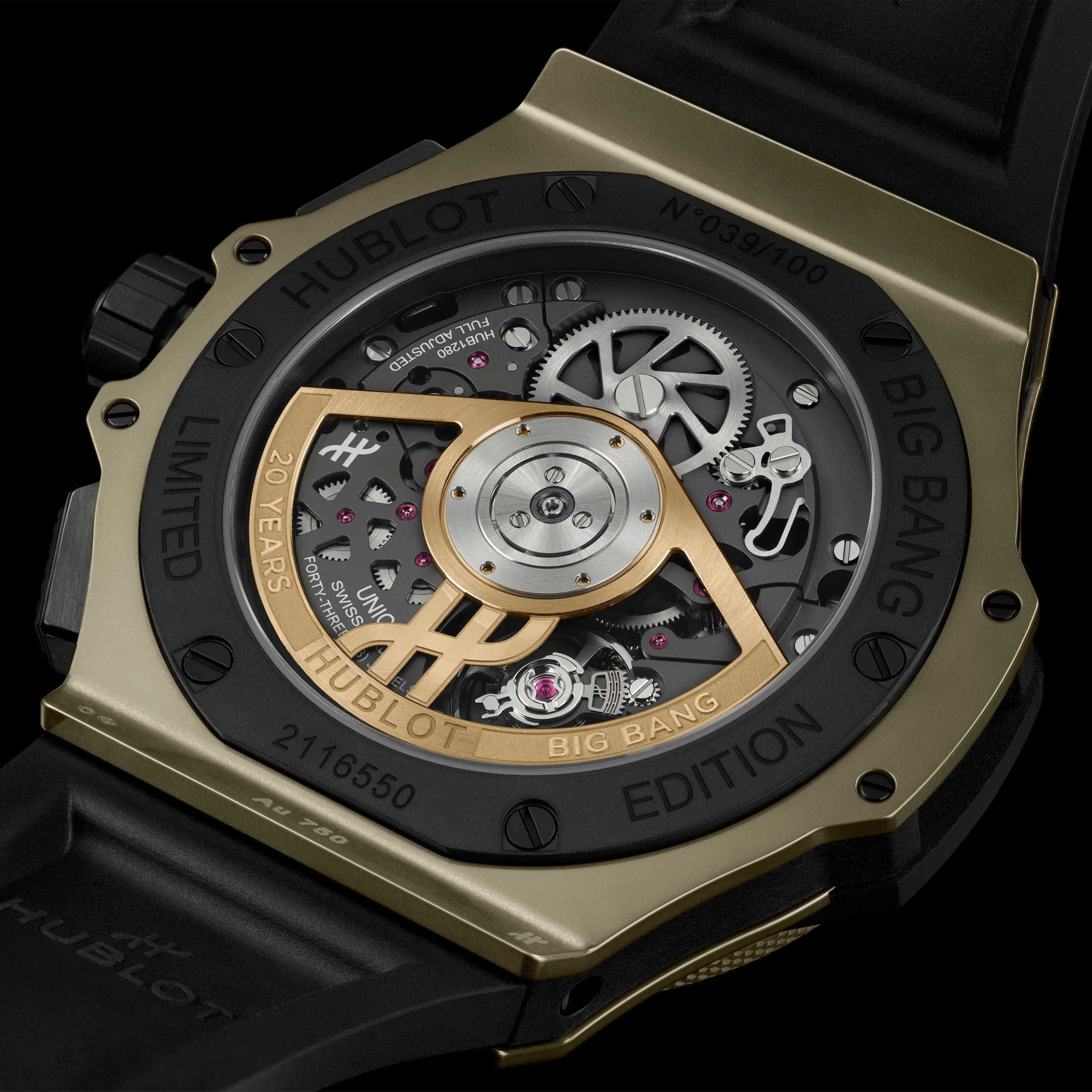 Montre Hublot Big Bang 20ème Anniversaire Full Magic Gold automatique cadran carbone bracelet caoutchouc 43 mm