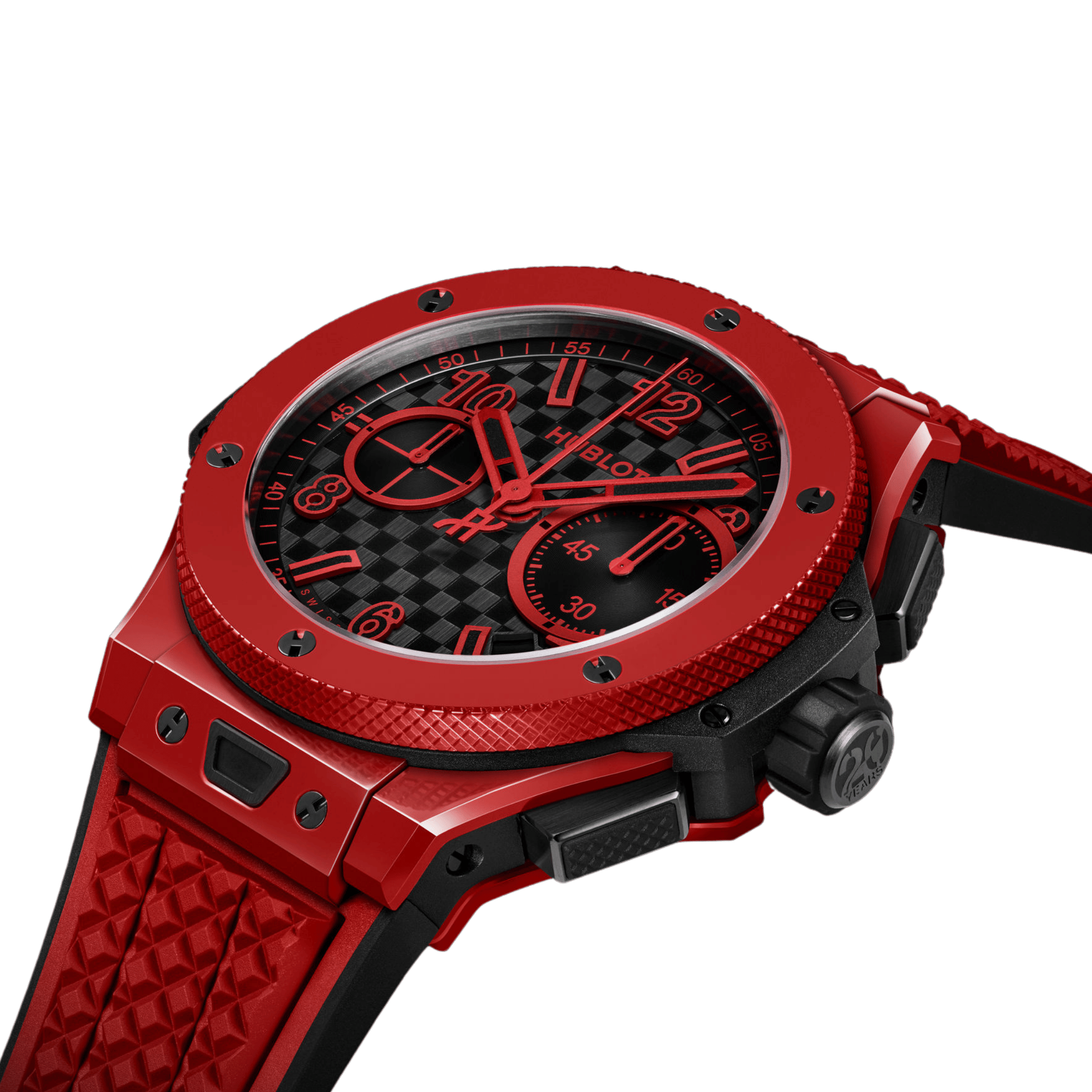 Montre Hublot Big Bang 20ème Anniversaire Red Magic automatique cadran carbone bracelet caoutchouc 43 mm