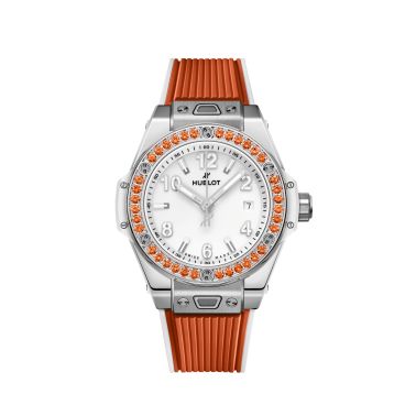 Montre Hublot Big Bang One Click Joyful Steel Orange automatique cadran blanc bracelet caoutchouc 33 mm