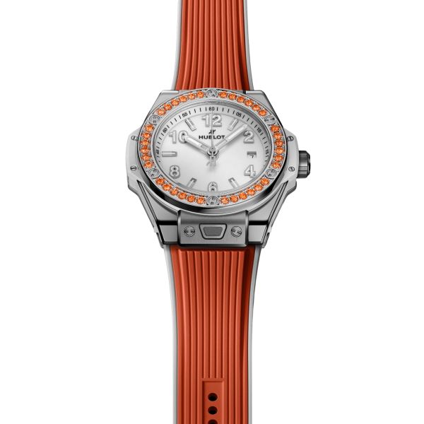 Montre Hublot Big Bang One Click Joyful Steel Orange automatique cadran blanc bracelet caoutchouc 33 mm