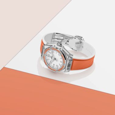 Montre Hublot Big Bang One Click Joyful Steel Orange automatique cadran blanc bracelet caoutchouc 33 mm