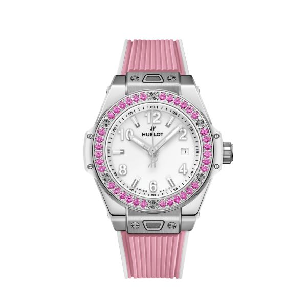 Montre Hublot Big Bang One Click Joyful Steel Pink automatique cadran blanc bracelet caoutchouc 33 mm