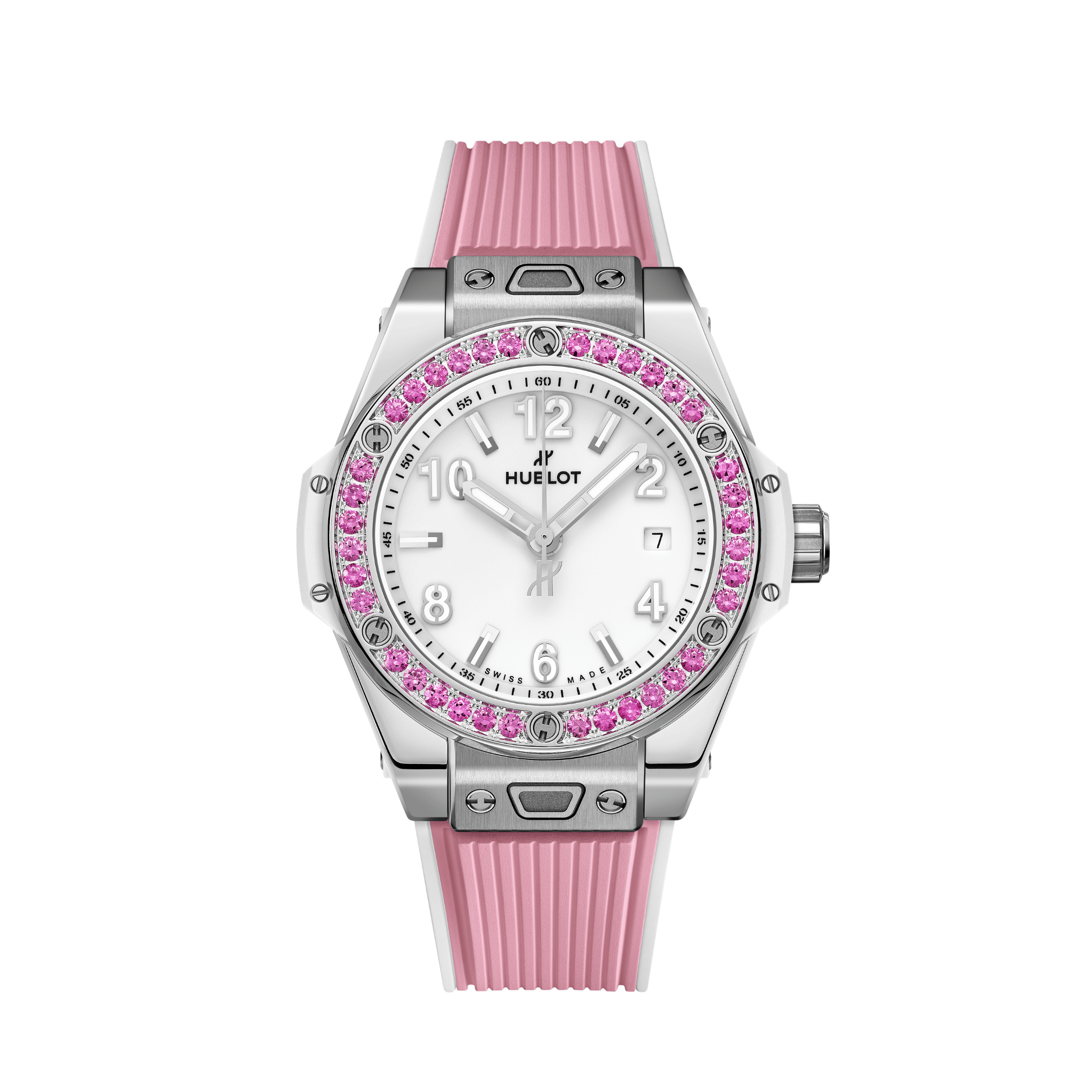 Montre Hublot Big Bang One Click Joyful Steel Pink automatique cadran blanc bracelet caoutchouc 33 mm