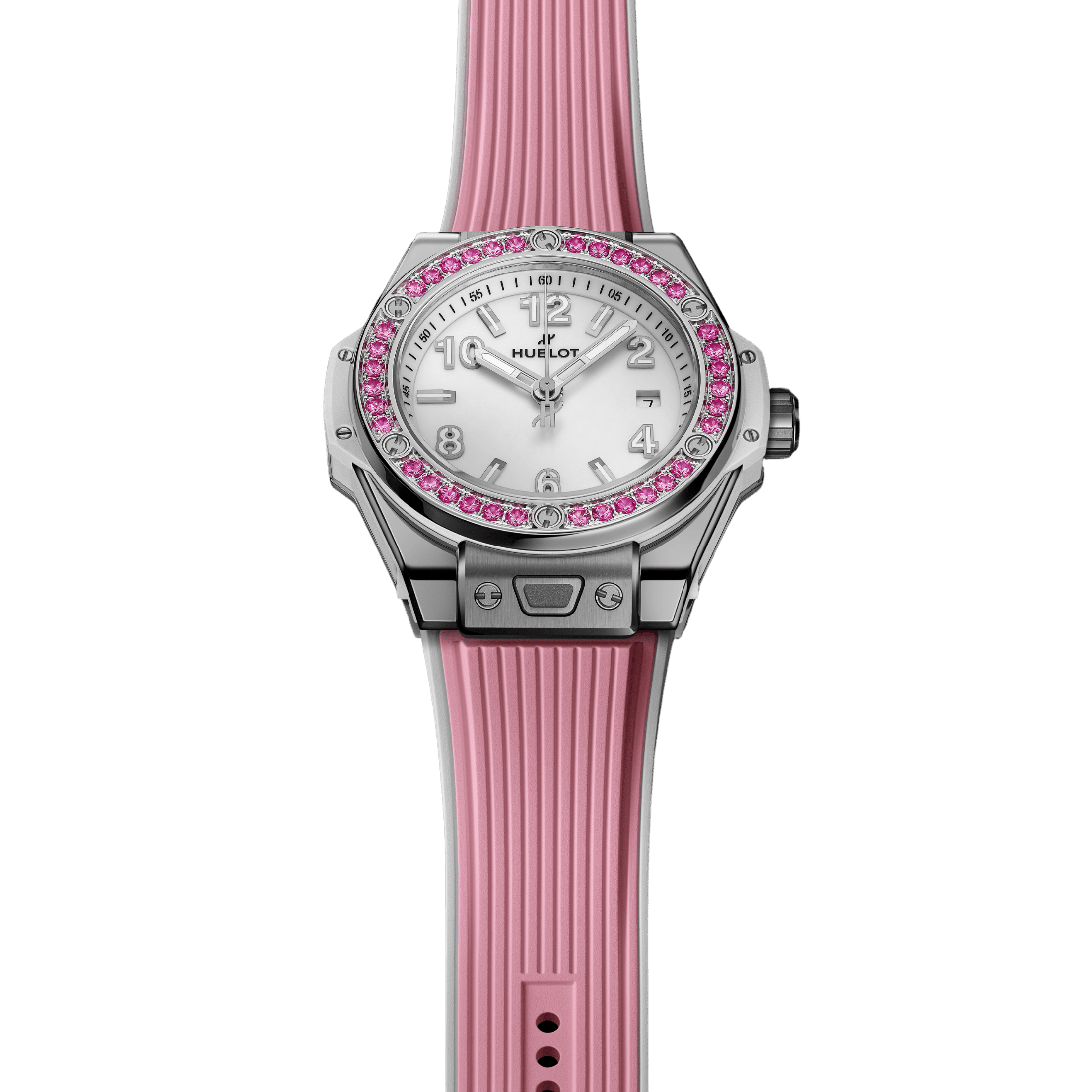 Montre Hublot Big Bang One Click Joyful Steel Pink automatique cadran blanc bracelet caoutchouc 33 mm