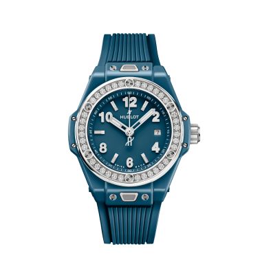 Montre Hublot Big Bang One Click Petrol Blue Ceramic Diamonds automatique cadran bleu bracelet caoutchouc 33 mm