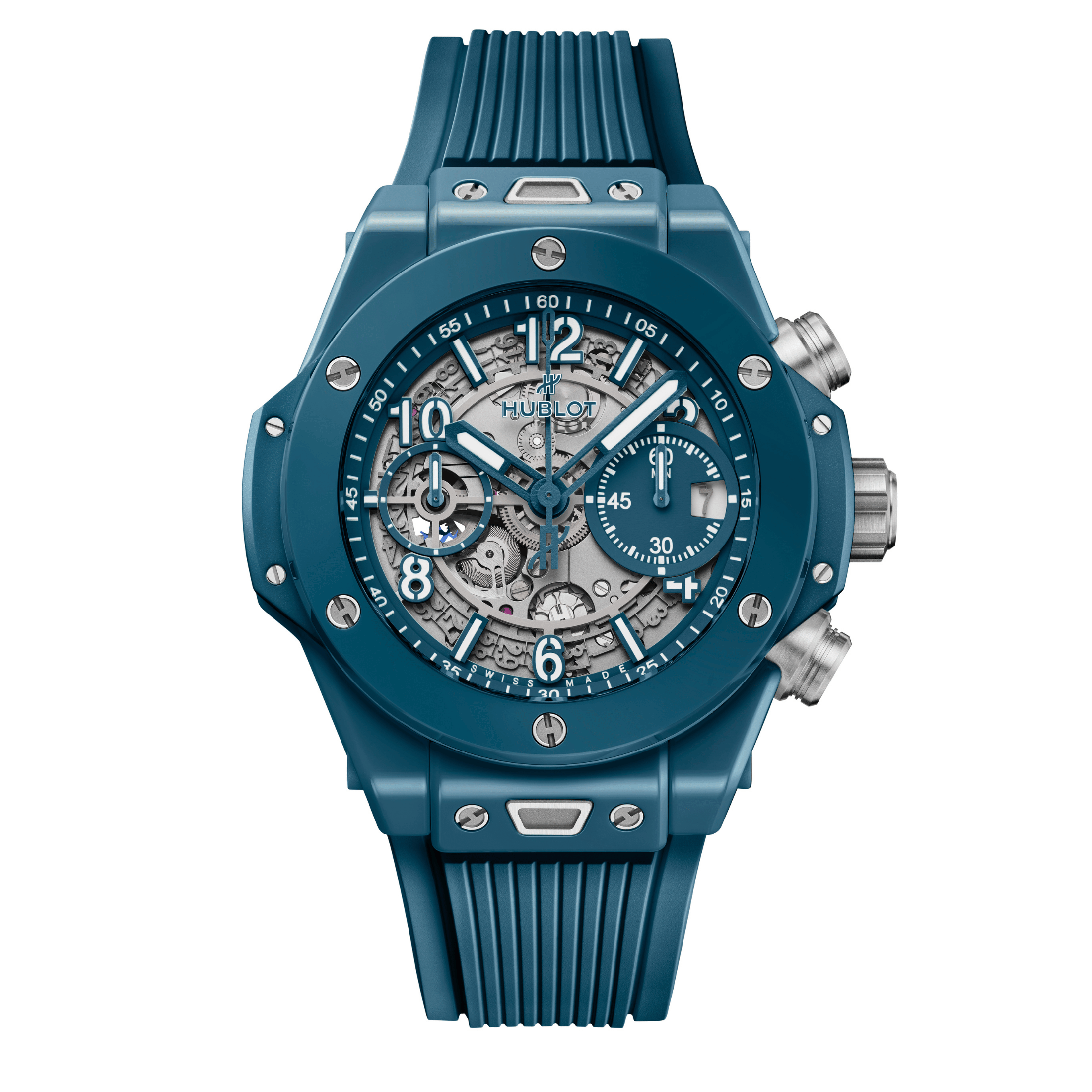 Montre Hublot Big Bang UNICO Petrol Blue Ceramic automatique cadran squelette bracelet caoutchouc 42 mm