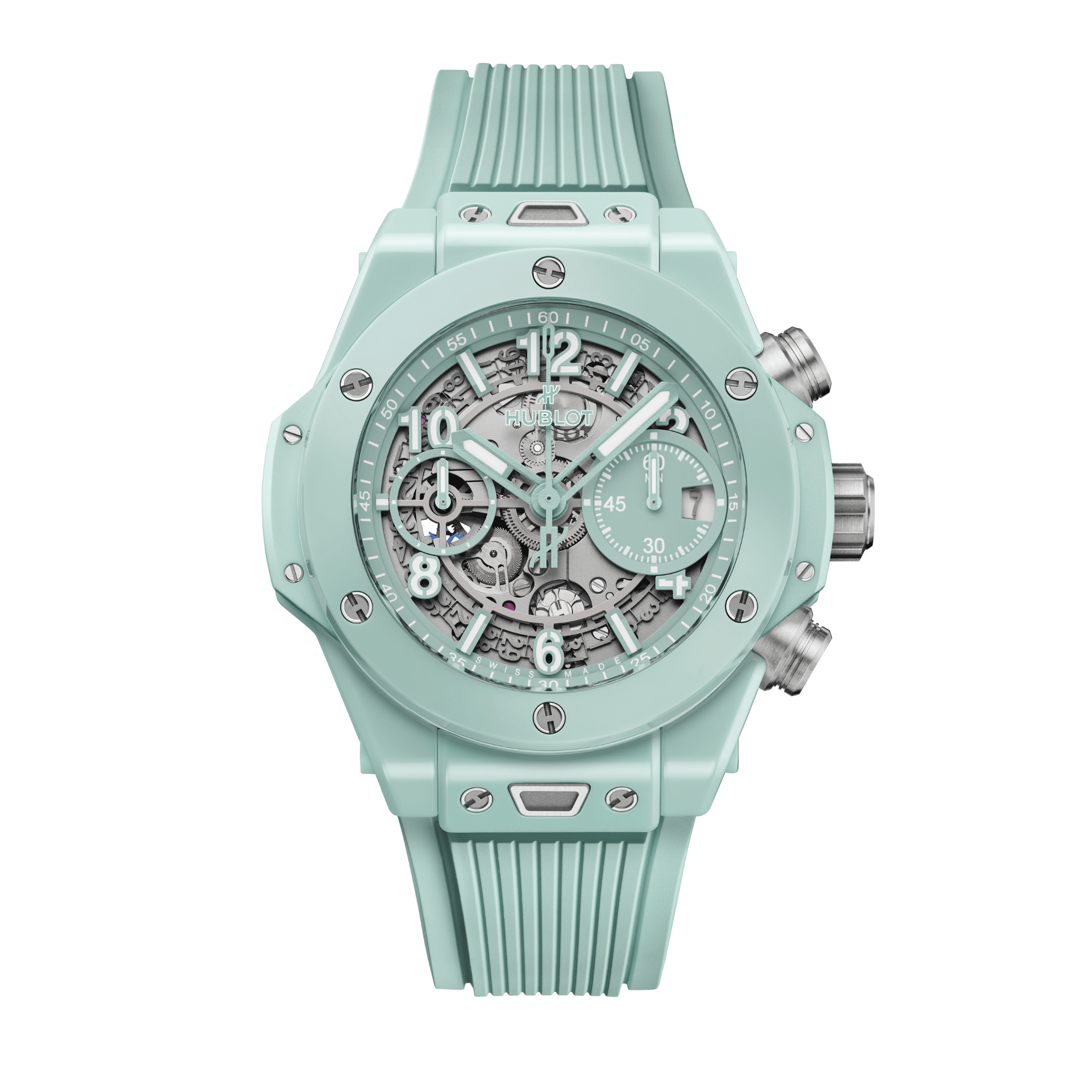 Hublot Big Bang UNICO Mint Green Ceramic automatic skeleton dial rubber strap 42 mm