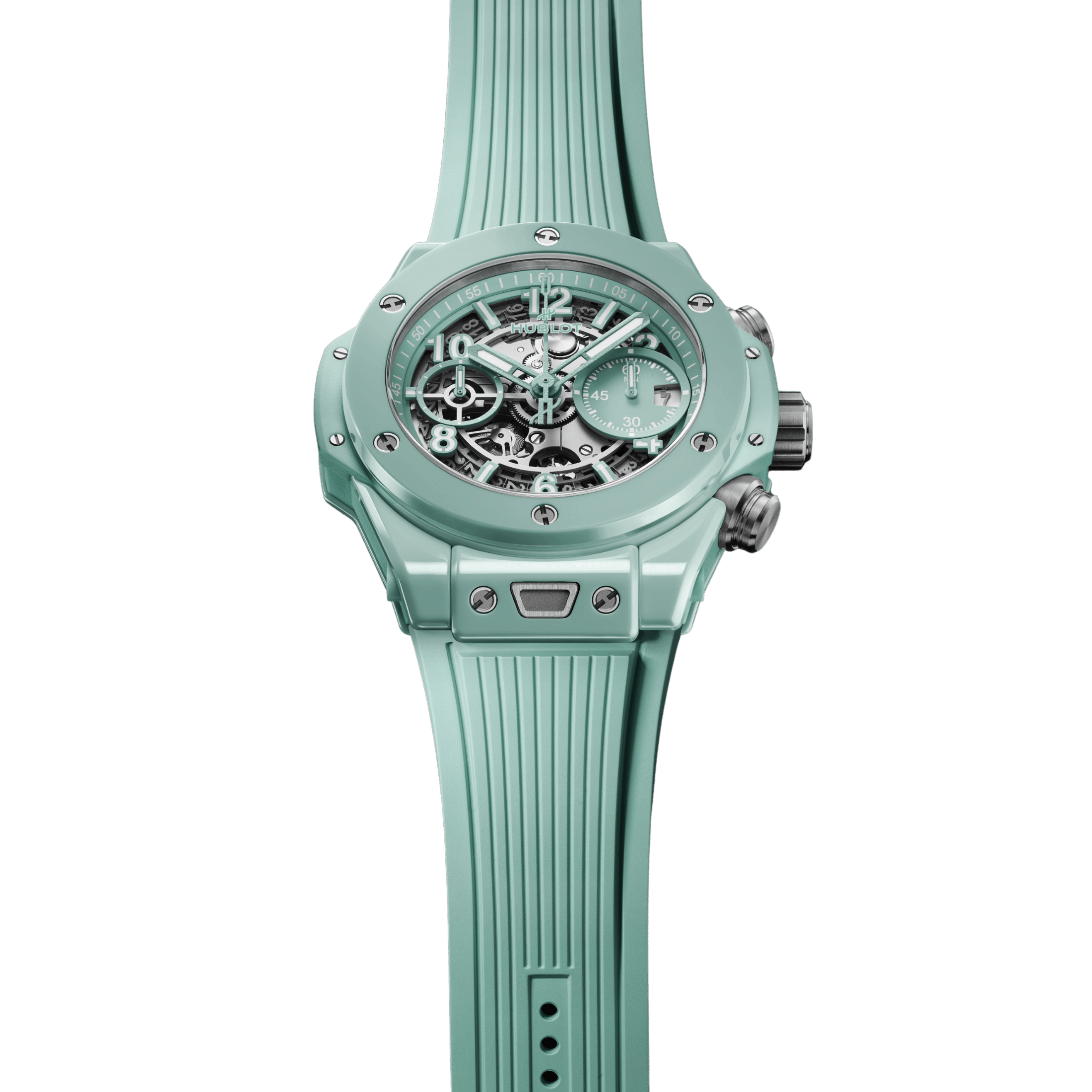 Montre Hublot Big Bang UNICO Mint Green Ceramic automatique cadran squelette bracelet caoutchouc 42 mm