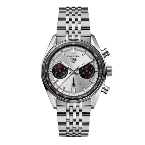 Montre TAG Heuer Carrera Chronograph "Glassbox" automatique cadran argent bracelet acier "grains de riz" 39 mm