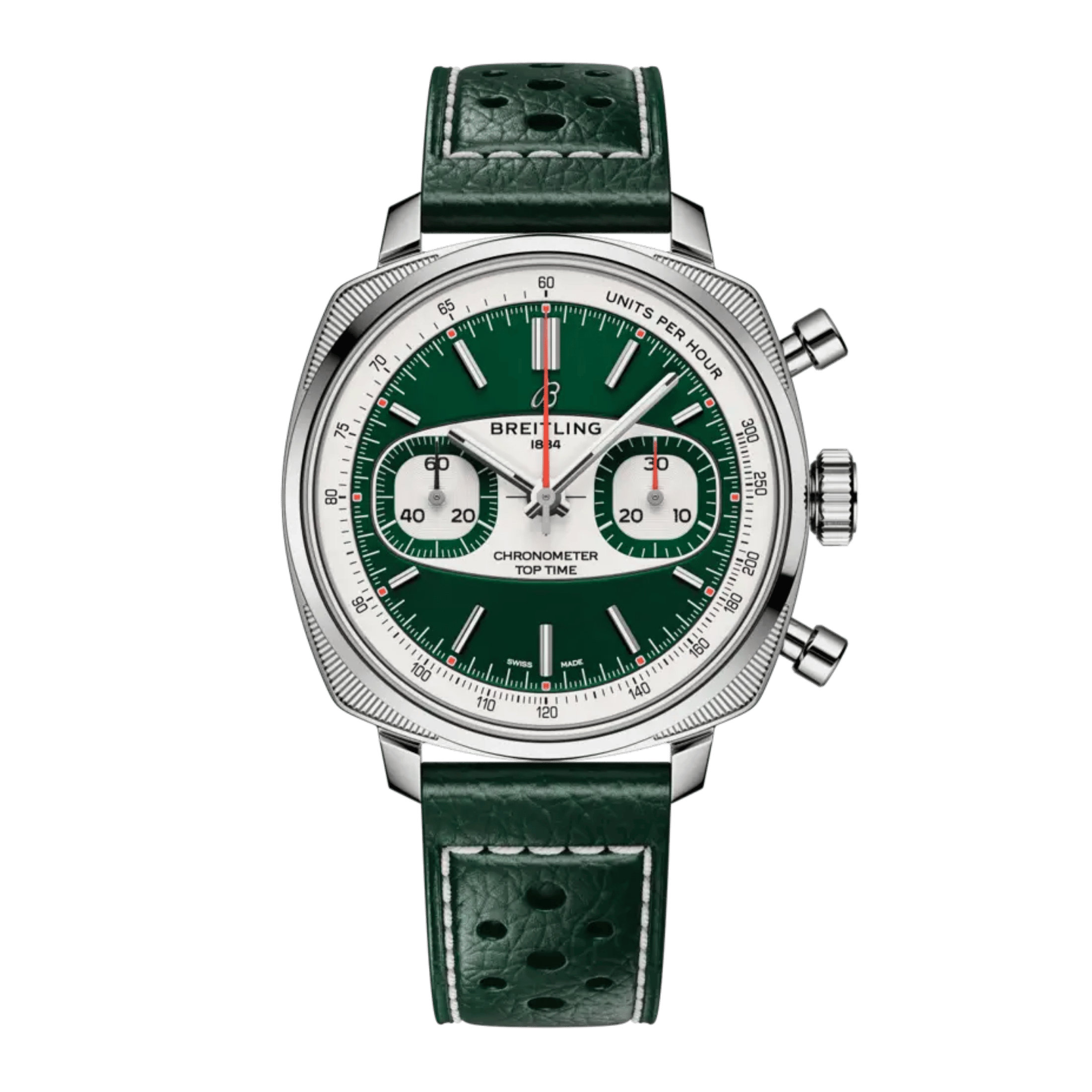 Breitling Top Time B01 Racing automatic watch, green dial, green leather strap, 38 mm