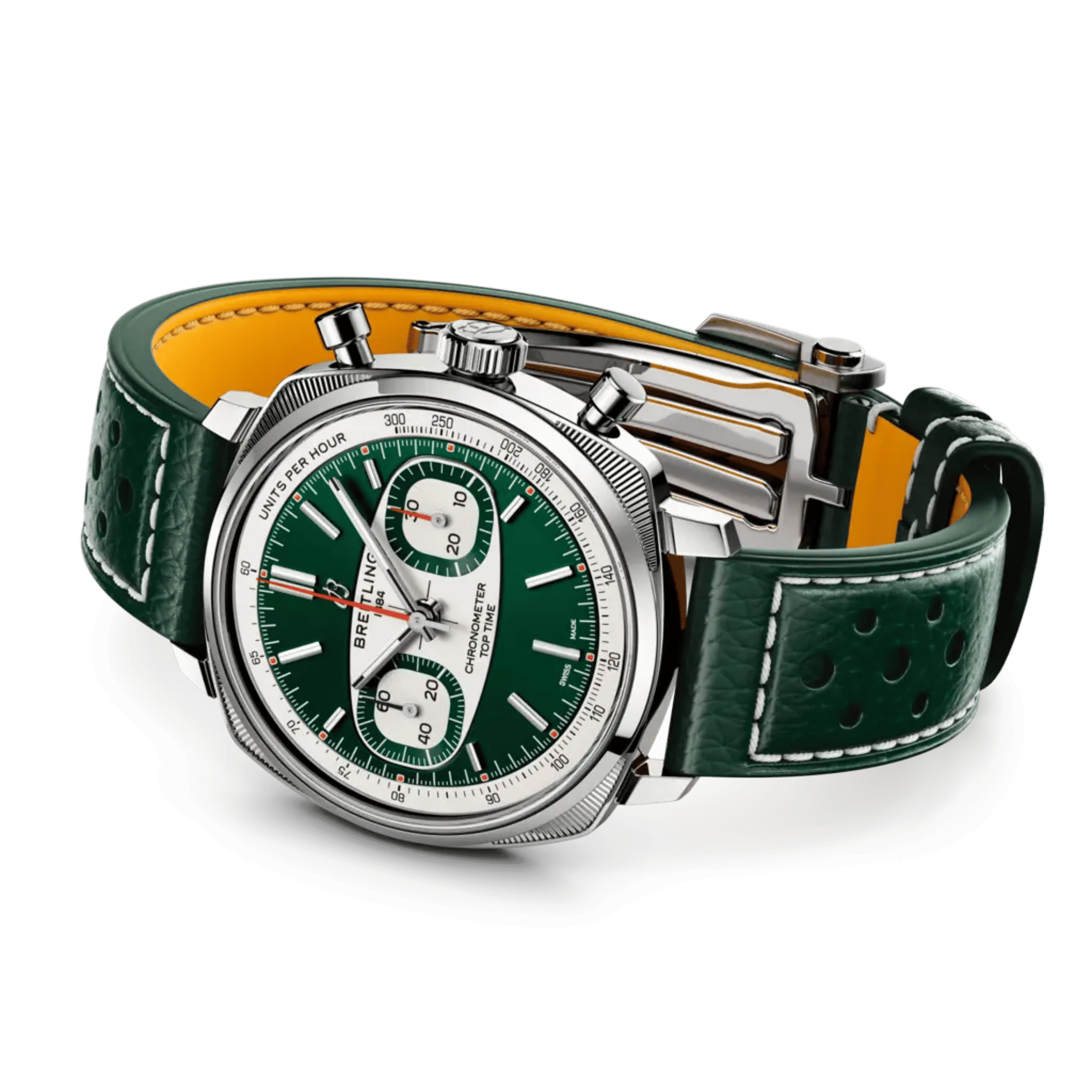 Breitling Top Time B01 Racing automatic watch, green dial, green leather strap, 38 mm