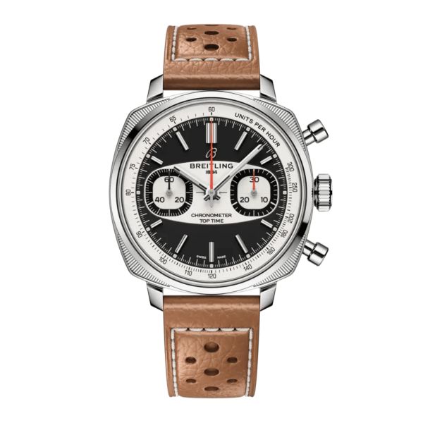 Breitling Top Time B01 Racing automatic watch, black dial, brown leather strap, 38 mm