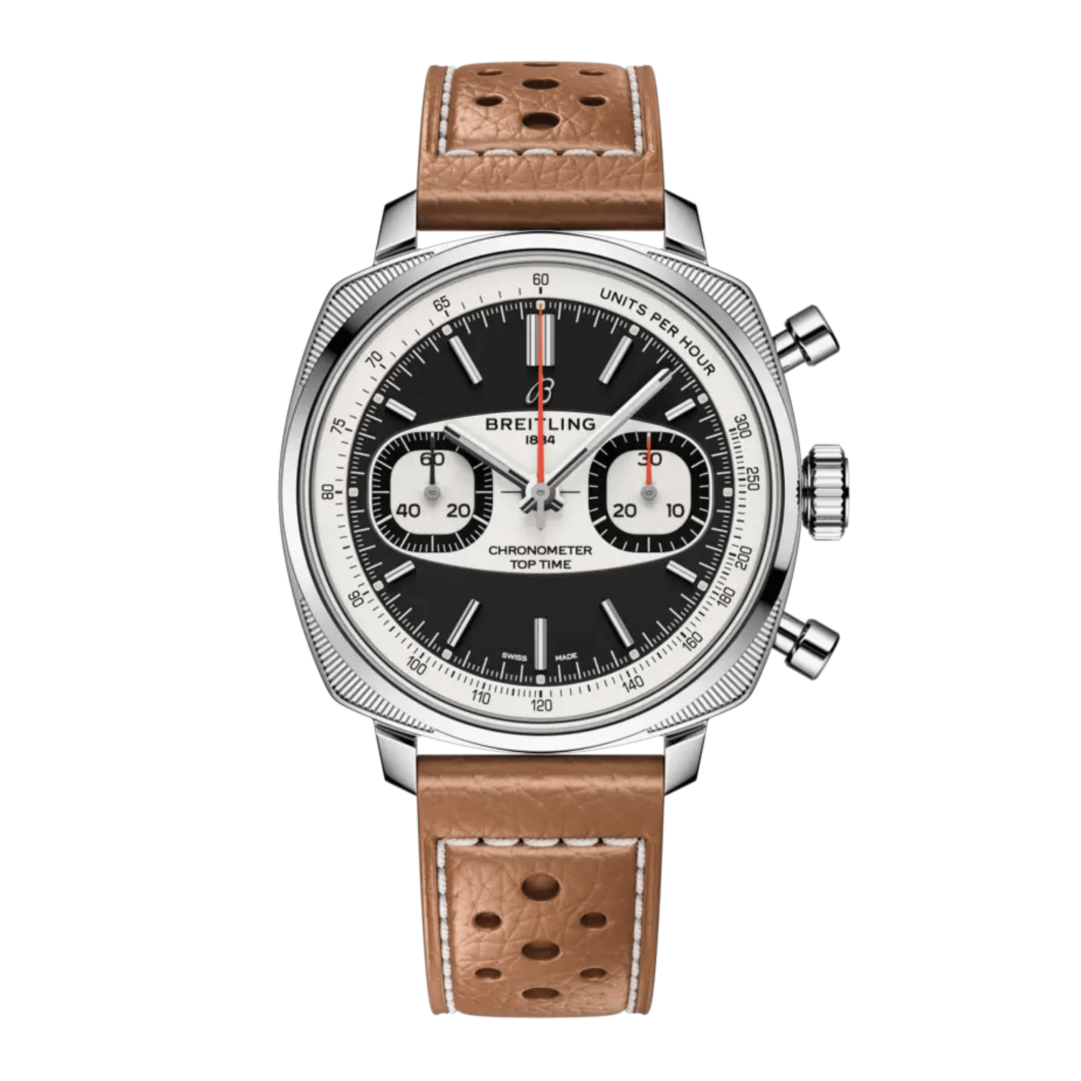 Breitling Top Time B01 Racing automatic watch, black dial, brown leather strap, 38 mm