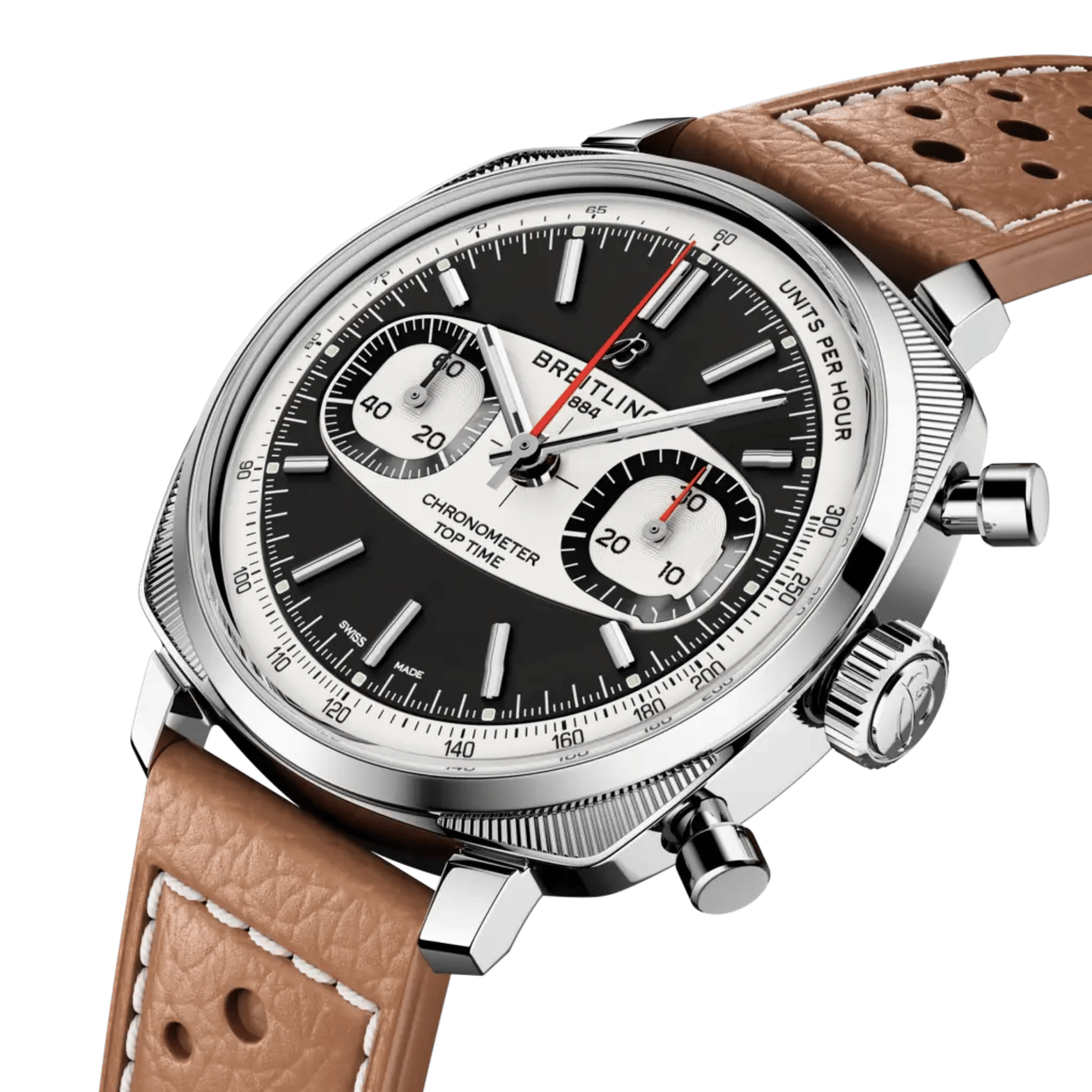 Breitling Top Time B01 Racing automatic watch, black dial, brown leather strap, 38 mm