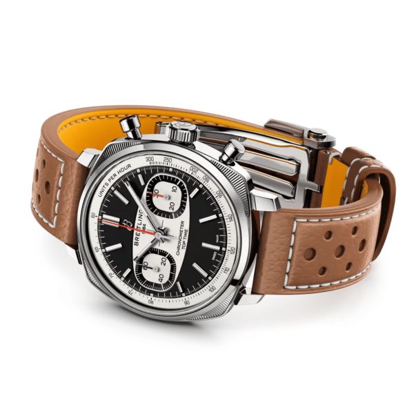Breitling Top Time B01 Racing automatic watch, black dial, brown leather strap, 38 mm