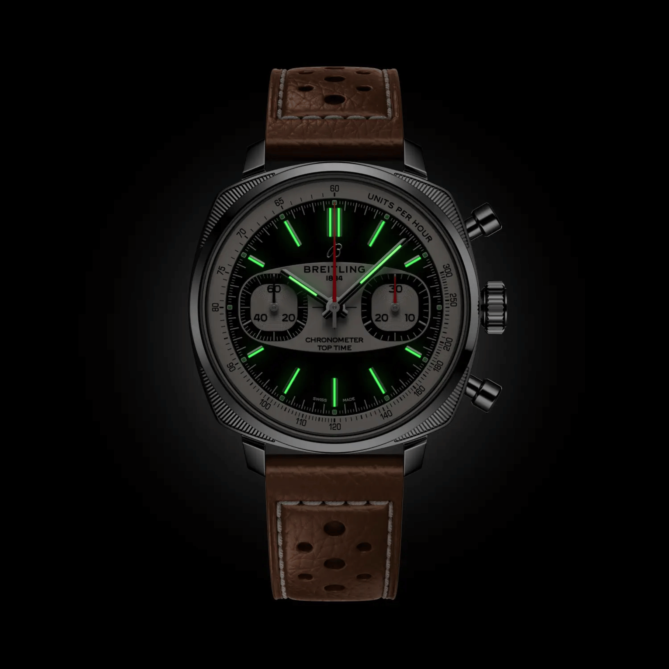 Breitling Top Time B01 Racing automatic watch, black dial, brown leather strap, 38 mm