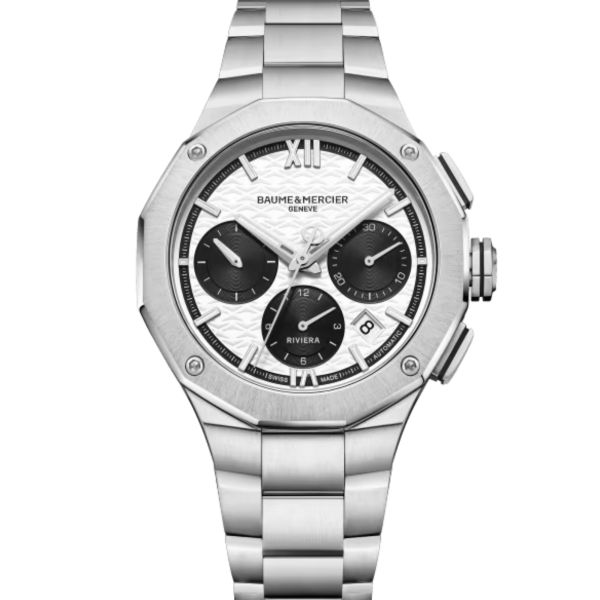 Montre Baume et Mercier Riviera Chronographe automatique cadran blanc et noir bracelet acier 41 mm