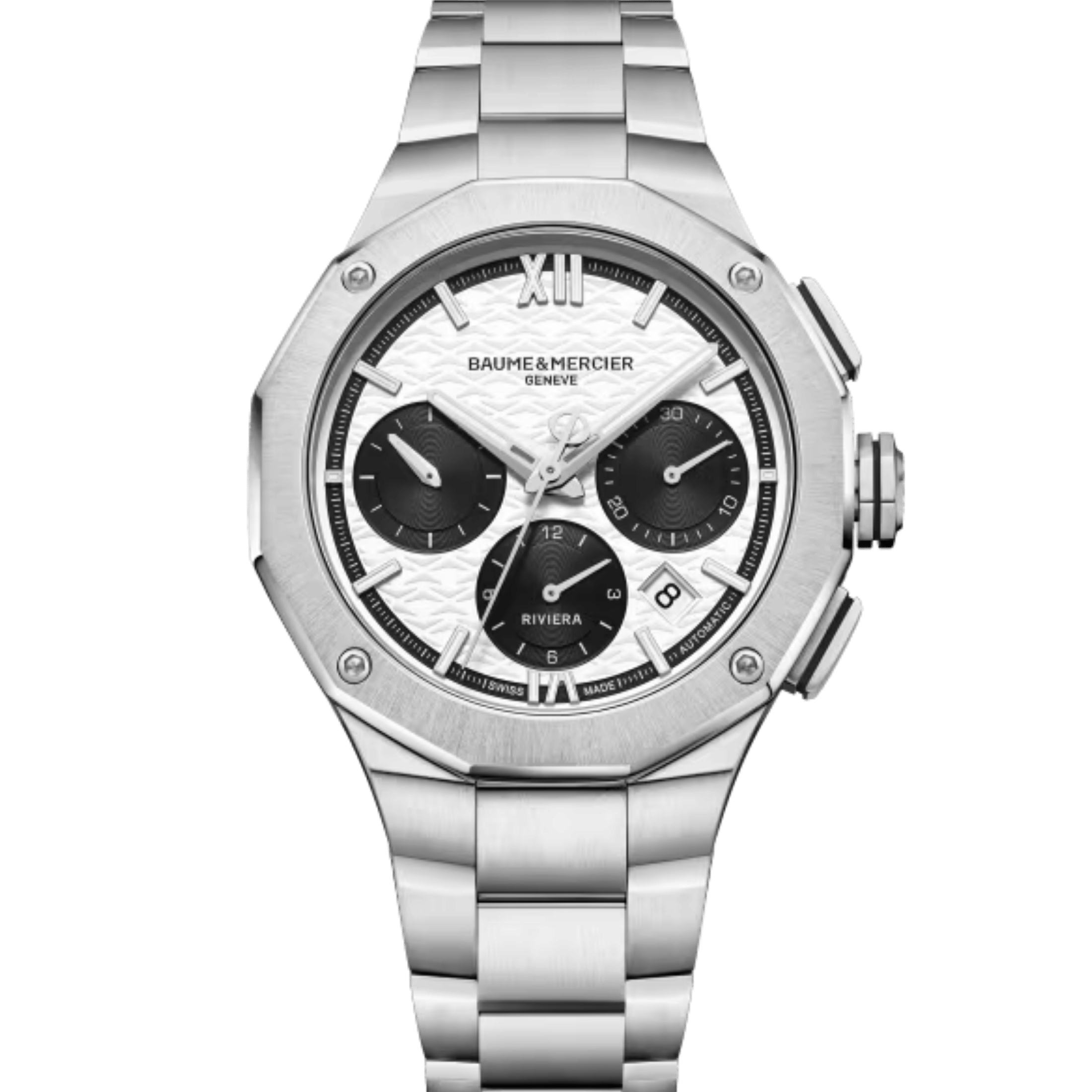 Baume et Mercier Riviera Automatic chronograph watch, black and white dial, steel bracelet, 41 mm