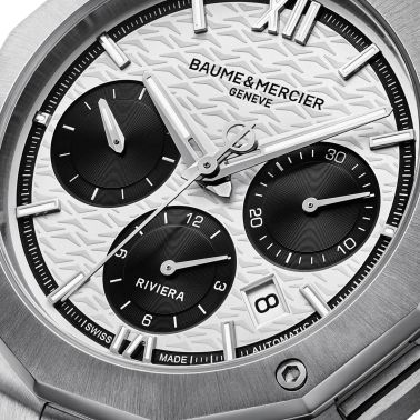 Baume et Mercier Riviera Automatic chronograph watch, black and white dial, steel bracelet, 41 mm