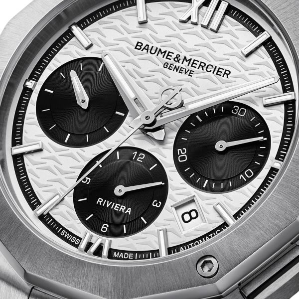 Baume et Mercier Riviera Automatic chronograph watch, black and white dial, steel bracelet, 41 mm
