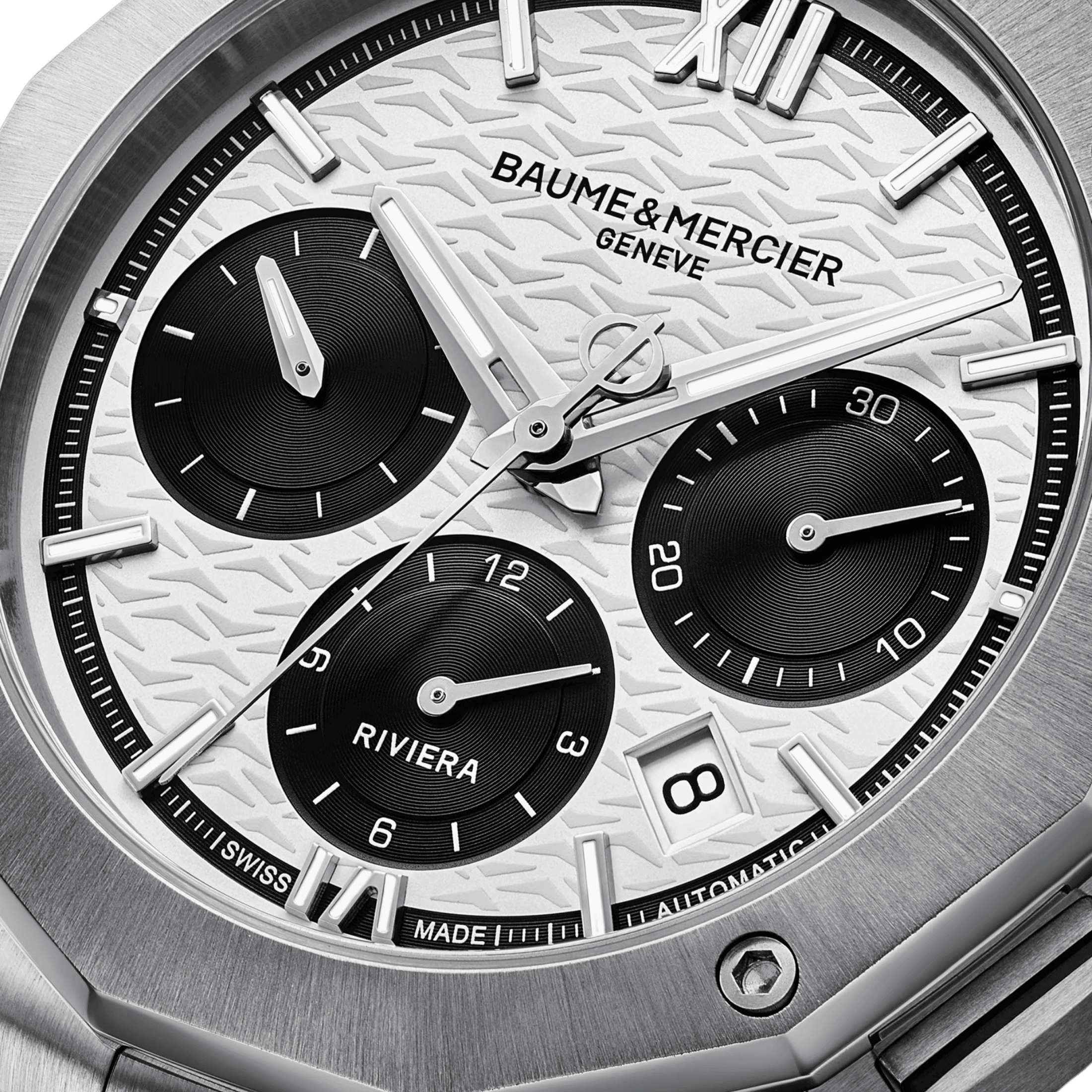 Baume et Mercier Riviera Automatic chronograph watch, black and white dial, steel bracelet, 41 mm