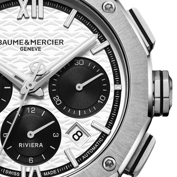 Baume et Mercier Riviera Automatic chronograph watch, black and white dial, steel bracelet, 41 mm