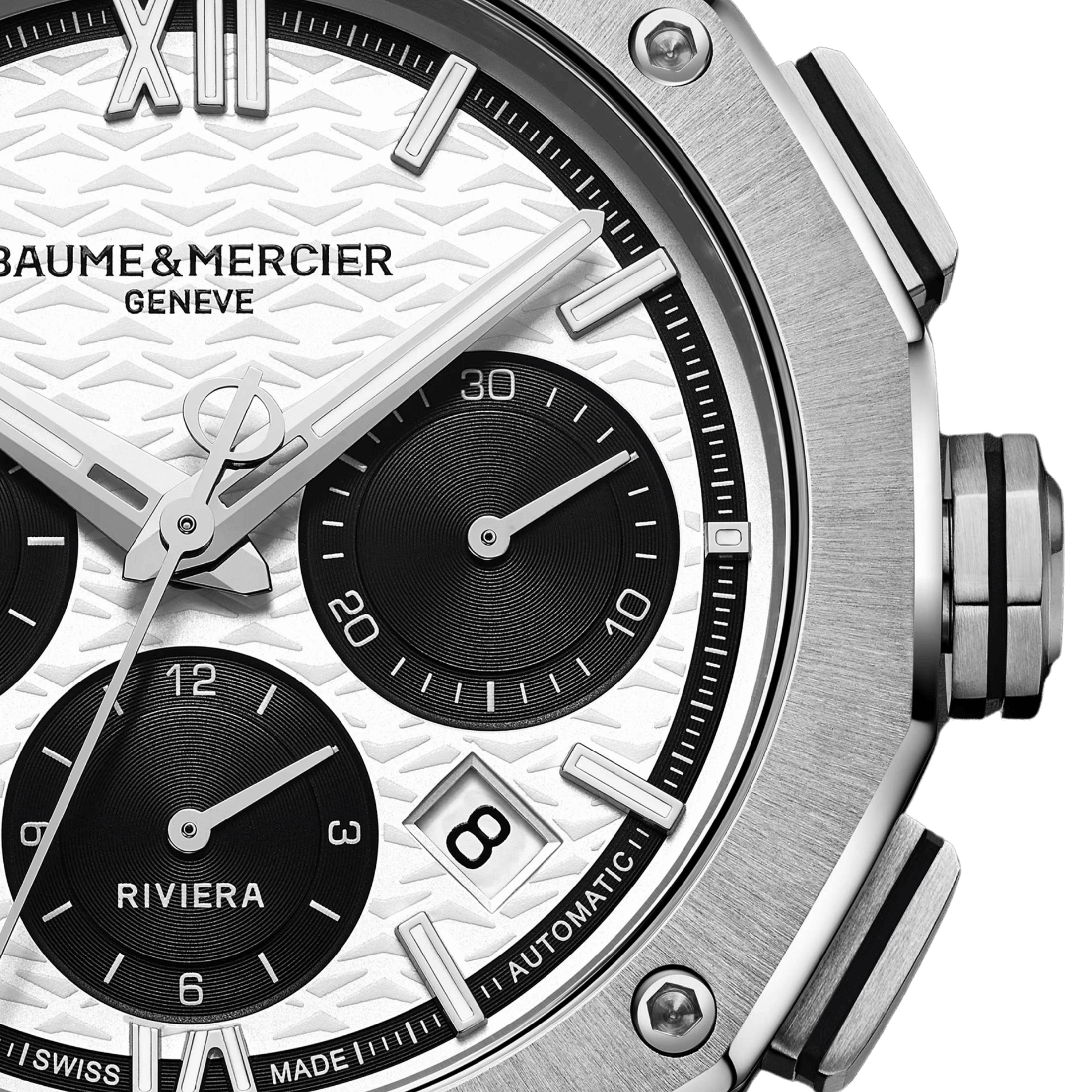 Baume et Mercier Riviera Automatic chronograph watch, black and white dial, steel bracelet, 41 mm