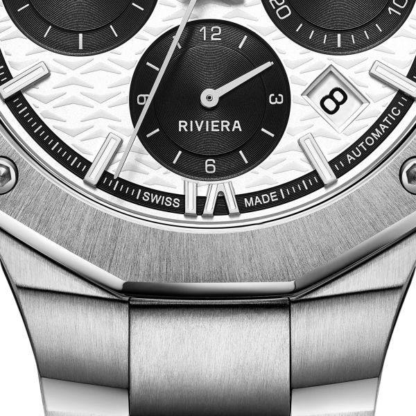 Baume et Mercier Riviera Automatic chronograph watch, black and white dial, steel bracelet, 41 mm