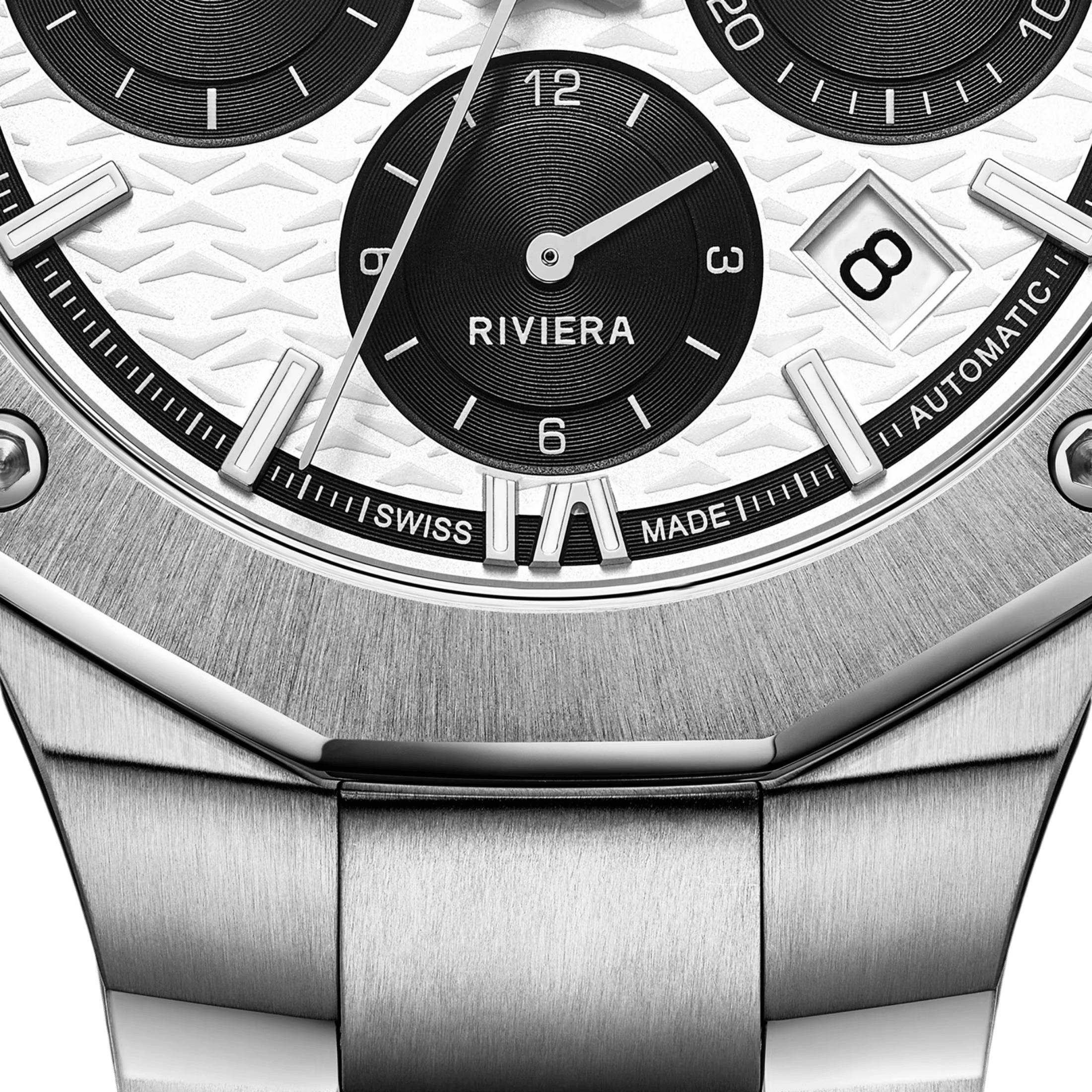 Baume et Mercier Riviera Automatic chronograph watch, black and white dial, steel bracelet, 41 mm