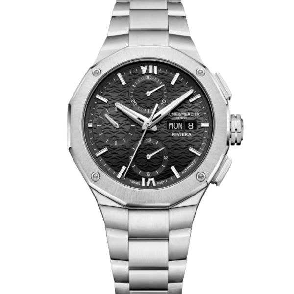 Montre Baume et Mercier Riviera Chronographe automatique cadran noir bracelet acier 41 mm