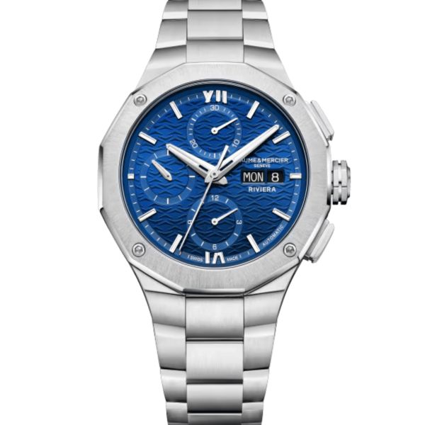 Watch Baume et Mercier Riviera Automatic chronograph, blue dial, steel bracelet, 41 mm