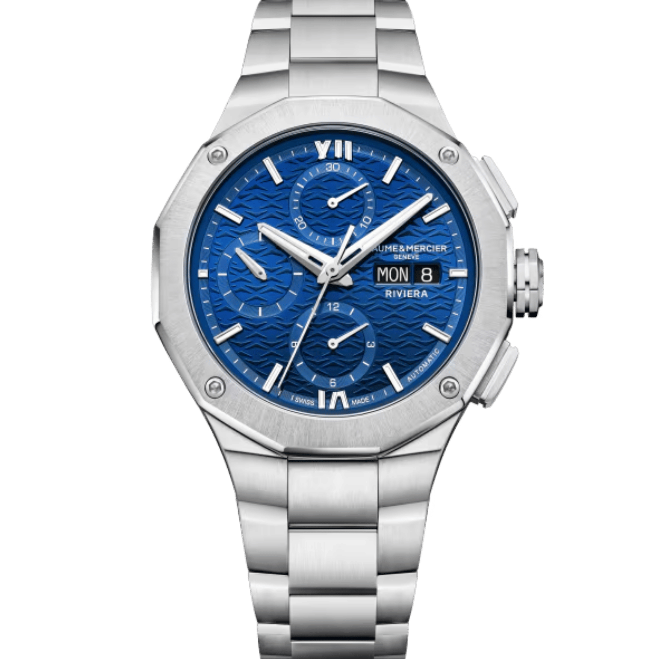 Watch Baume et Mercier Riviera Automatic chronograph, blue dial, steel bracelet, 41 mm