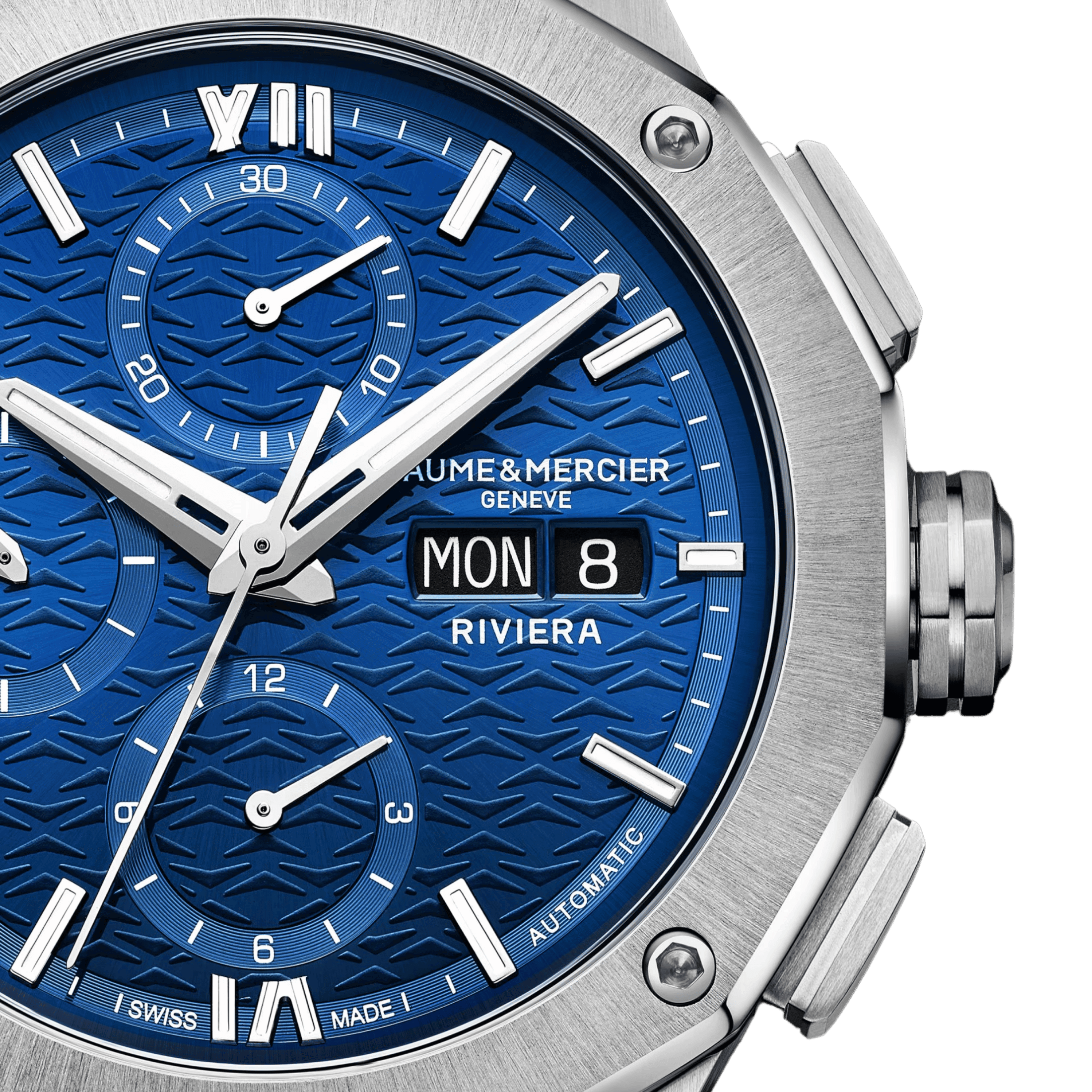 Watch Baume et Mercier Riviera Automatic chronograph, blue dial, steel bracelet, 41 mm