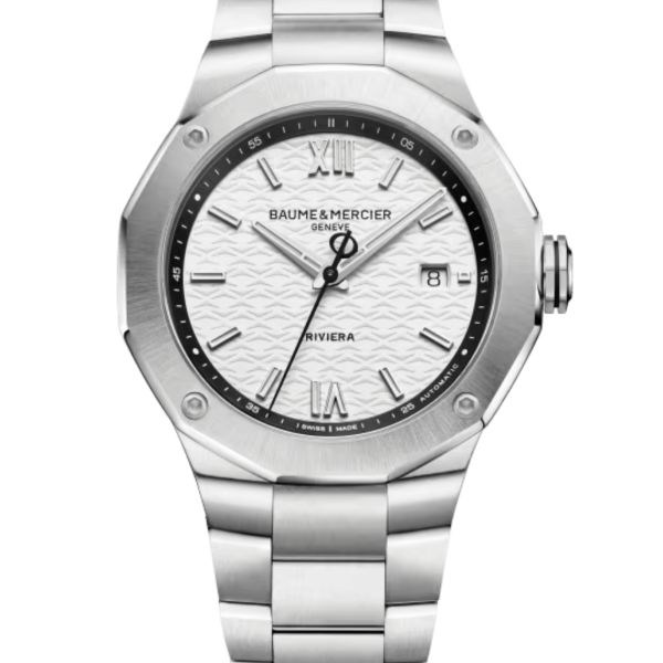 Montre Baume et Mercier Riviera automatique cadran blanc bracelet acier 42 mm