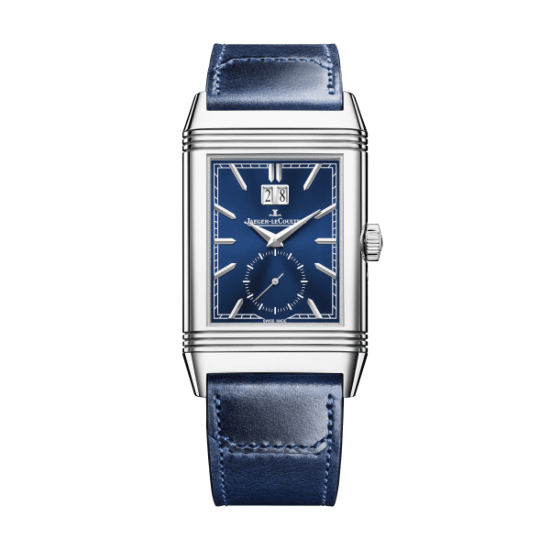Montre Jaeger-LeCoultre Reverso Tribute Geographic mécanique cadran bleu bracelet cuir 49 x 29,9 mm 