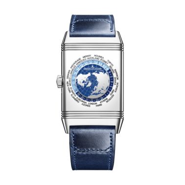 Montre Jaeger-LeCoultre Reverso Tribute Geographic mécanique cadran bleu bracelet cuir 49 x 29,9 mm 