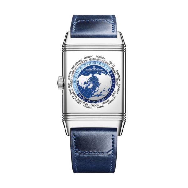 Montre Jaeger-LeCoultre Reverso Tribute Geographic mécanique cadran bleu bracelet cuir 49 x 29,9 mm 