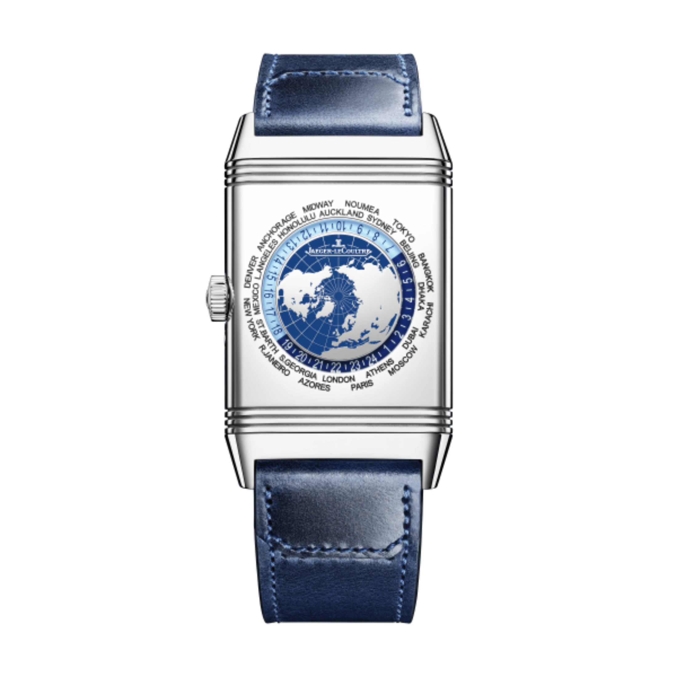 Montre Jaeger-LeCoultre Reverso Tribute Geographic mécanique cadran bleu bracelet cuir 49 x 29,9 mm 