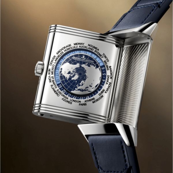 Montre Jaeger-LeCoultre Reverso Tribute Geographic mécanique cadran bleu bracelet cuir 49 x 29,9 mm 