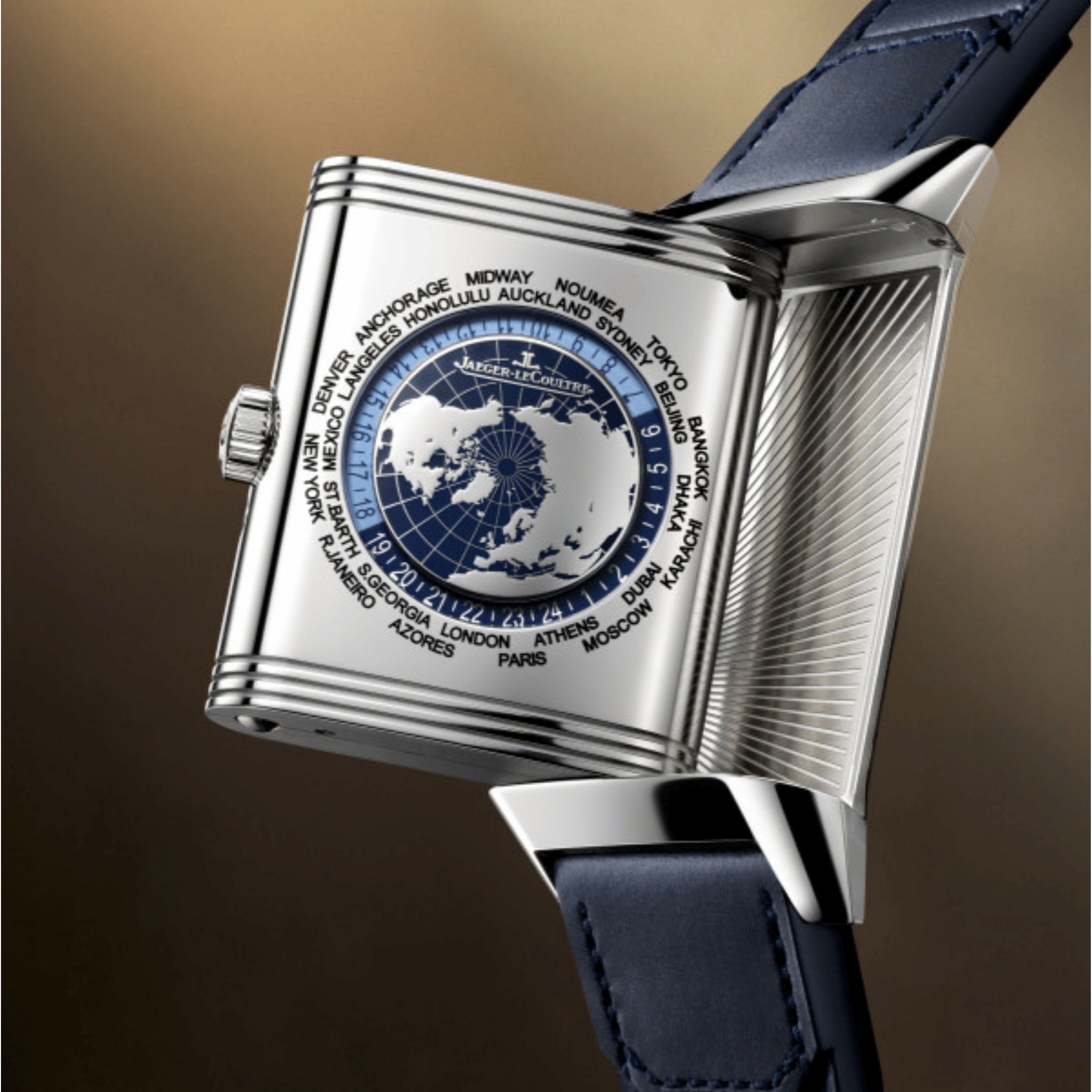 Montre Jaeger-LeCoultre Reverso Tribute Geographic mécanique cadran bleu bracelet cuir 49 x 29,9 mm 