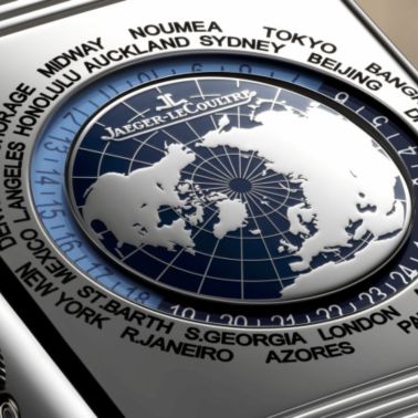 Montre Jaeger-LeCoultre Reverso Tribute Geographic mécanique cadran bleu bracelet cuir 49 x 29,9 mm 