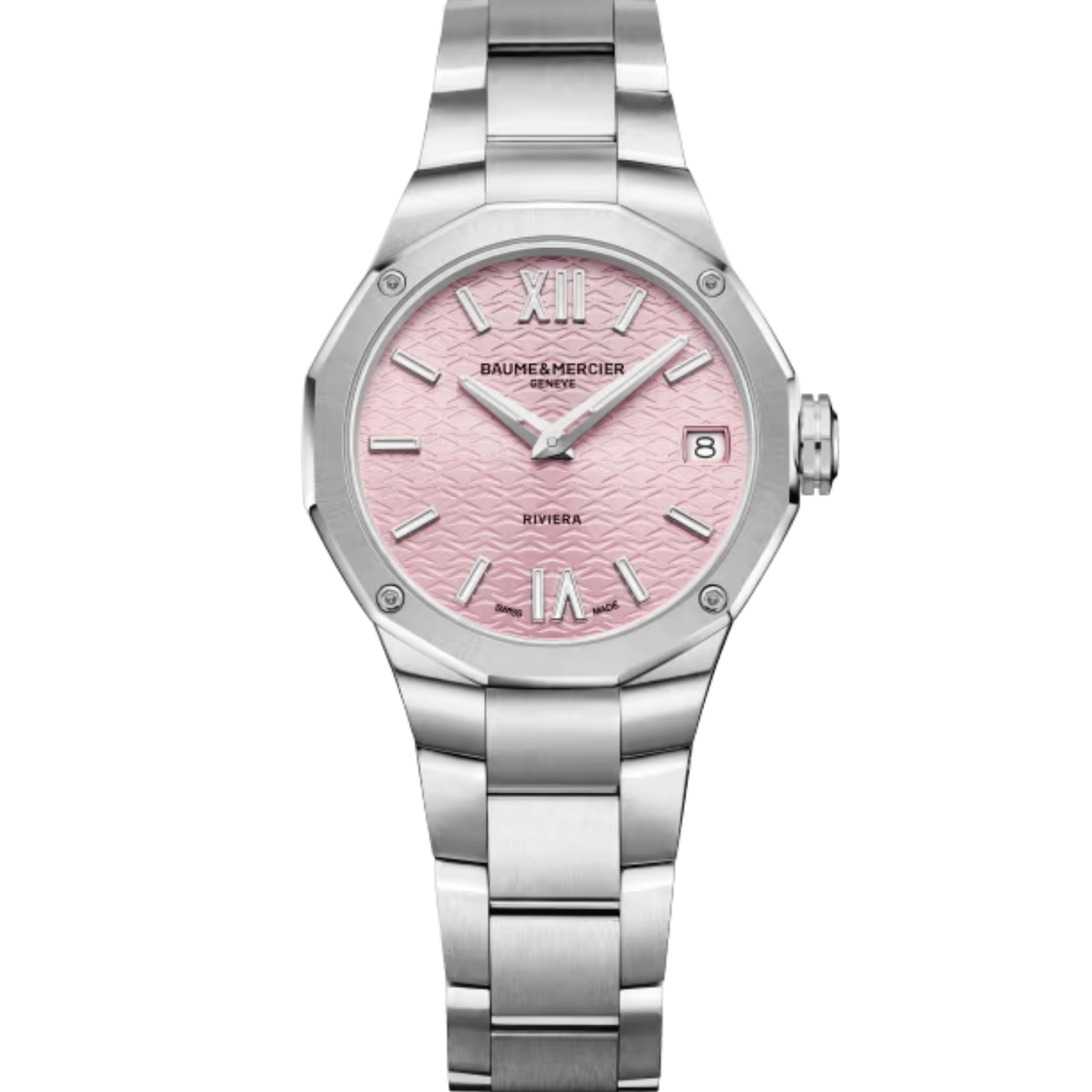 Watch Baume et Mercier Riviera quartz pink dial steel bracelet 33 mm