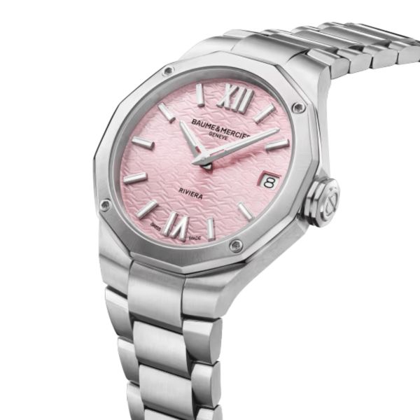 Montre Baume et Mercier Riviera quartz cadran rose bracelet acier 33 mm