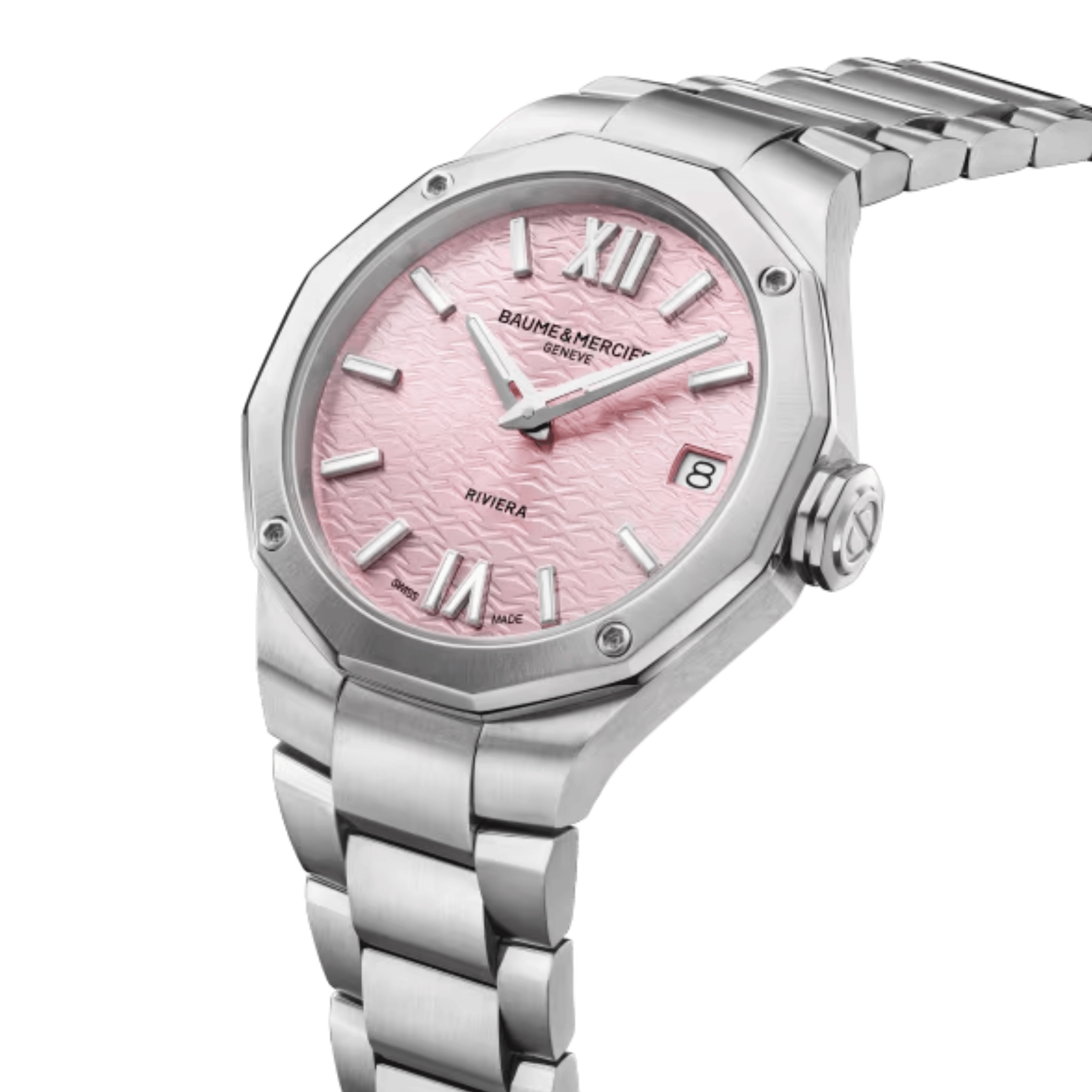Watch Baume et Mercier Riviera quartz pink dial steel bracelet 33 mm