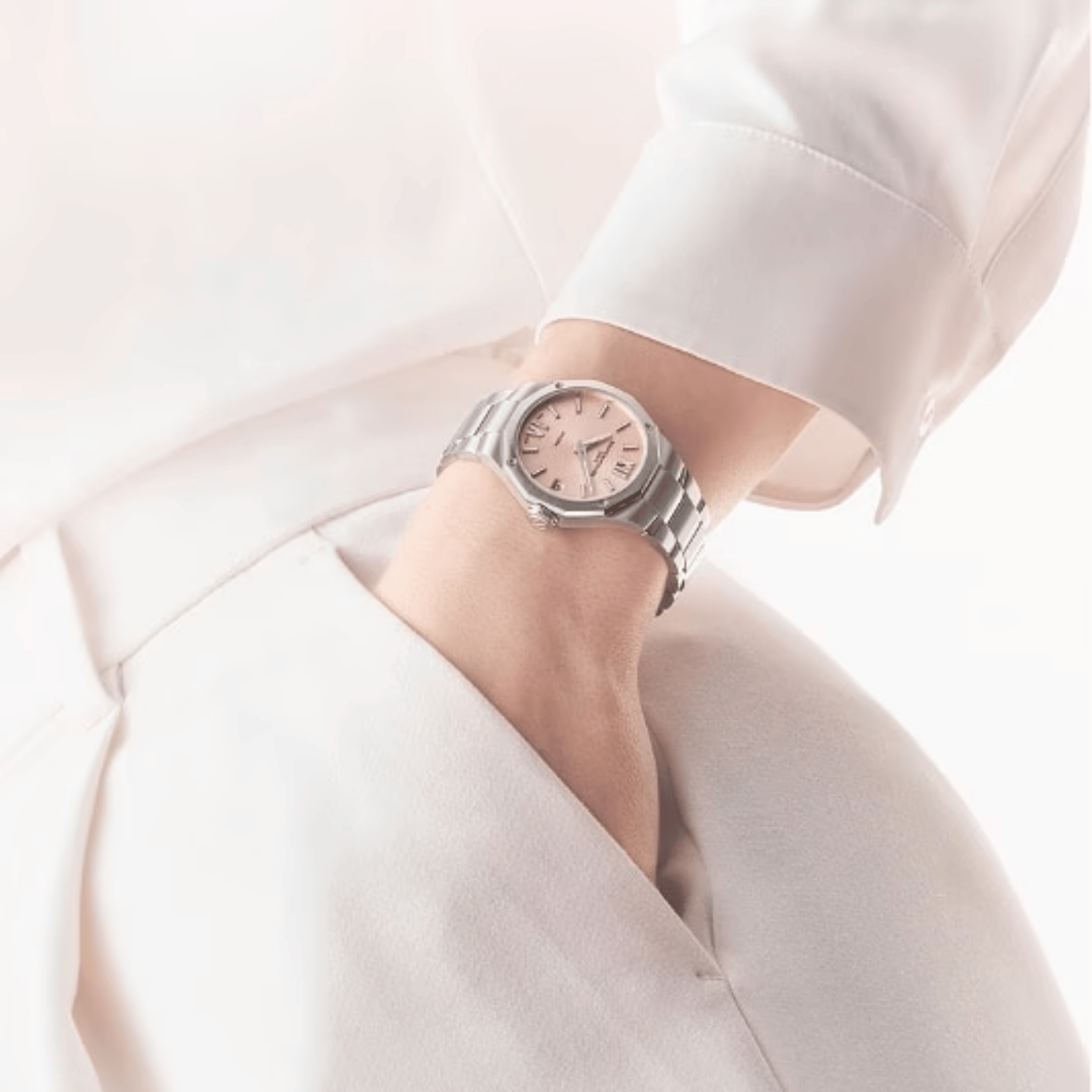 Montre Baume et Mercier Riviera quartz cadran rose bracelet acier 33 mm