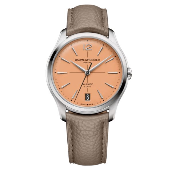 Montre Baume et Mercier Clifton automatique cadran saumon bracelets cuir beige et noir 39 mm