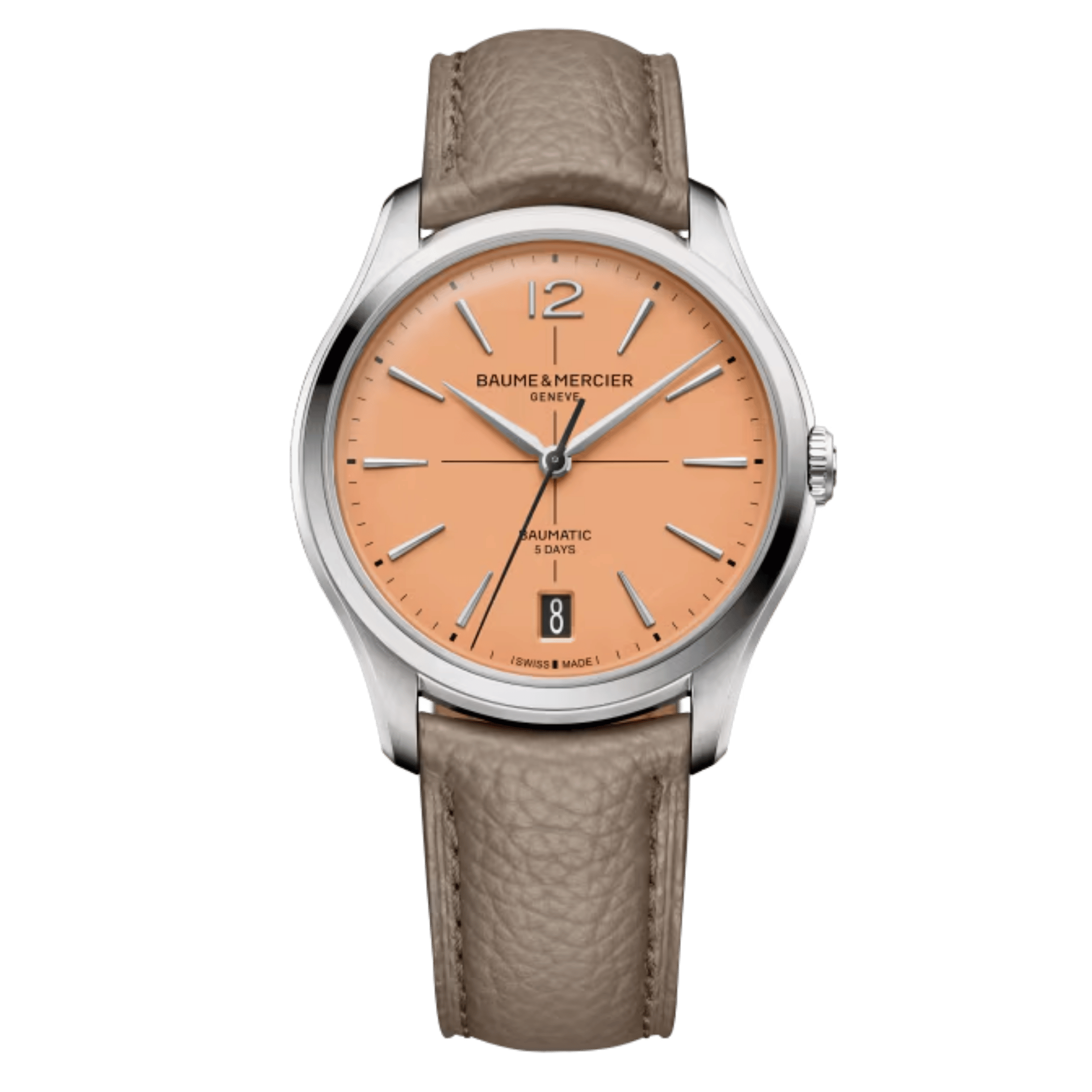 Baume et Mercier Clifton automatic watch, salmon dial, beige and black leather straps, 39 mm