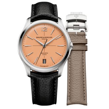 Montre Baume et Mercier Clifton automatique cadran saumon bracelets cuir beige et noir 39 mm