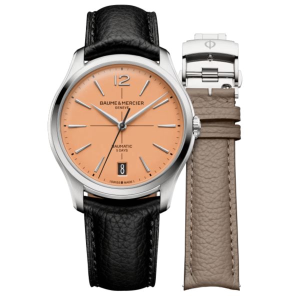 Baume et Mercier Clifton automatic watch, salmon dial, beige and black leather straps, 39 mm